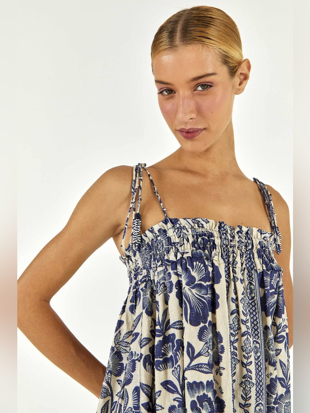 Farm Rio Blue Pineapple Garden Shoulder-Tie Midi Dress Size L - Picture 4 of 10
